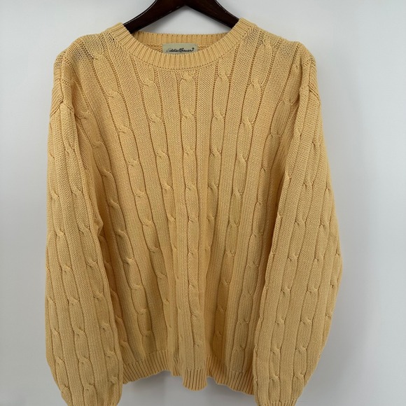 Eddie Bauer Mens Medium Yellow Cable Knit Crewneck Sweater 100% Cotton Chunky - Picture 1 of 9